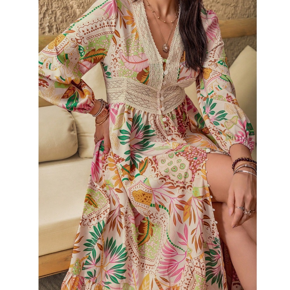 Floral Pink Bohemian Maxi Dress Lace V-Neck Long Sleeve Ruffle Hem Flowy - Picture 3 of 9
